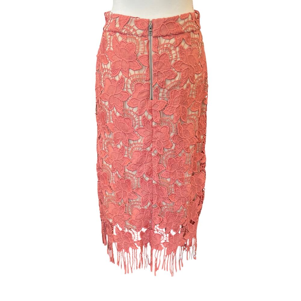 Alice Olivia Pink Floral Lace Strand Pencil Skirt 6 Midi Fringe Cocktail Dressy - Picture 3 of 5